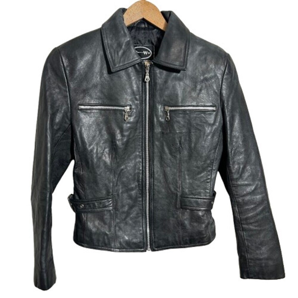 VTG Tannery West Womens Moto Leather Jacket S Black Buckles Collar Zip Up